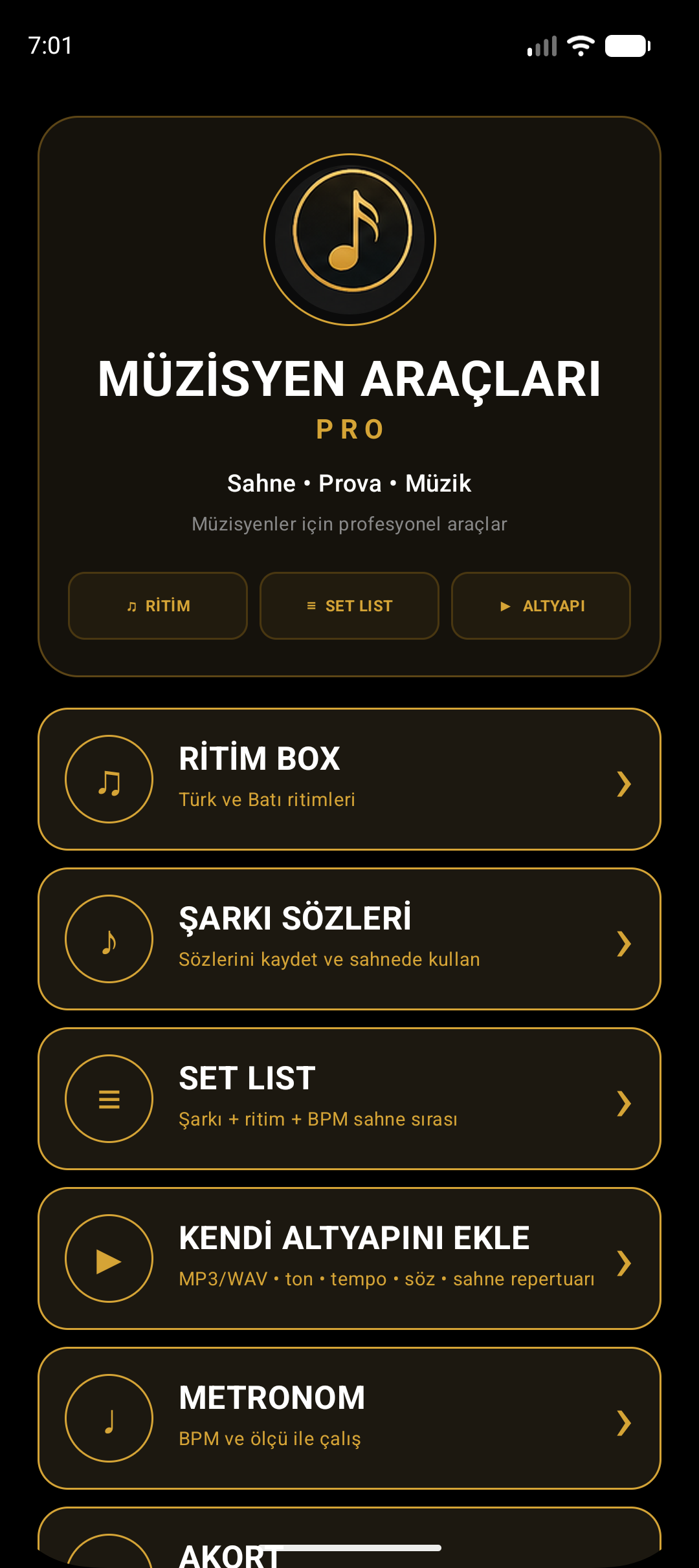 Müzisyen Araçları Pro ana ekran