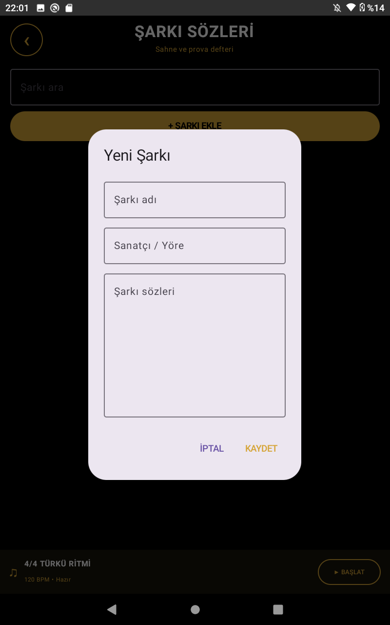 Şarkı sözleri ekranı
